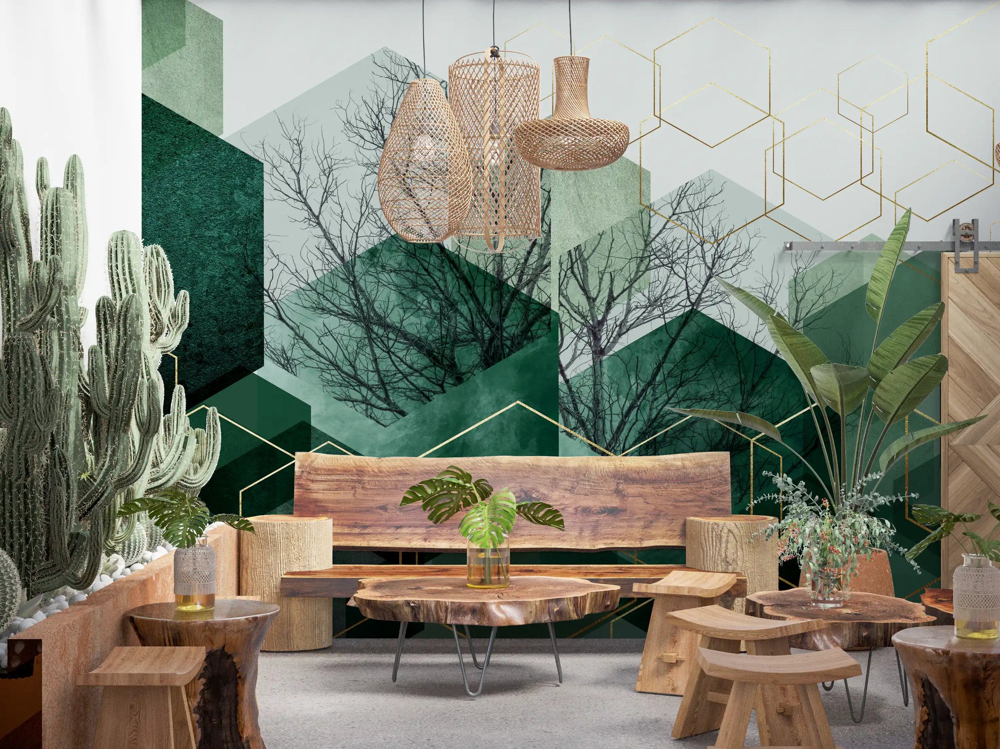 Geometric green Hexascape wall mural sits behind sofas in a soft neutral Dining Area 