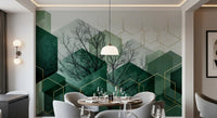 Bare tree silhouettes weave through the layered shapes of the Verdant wall mural
