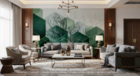 Emerald and sage hexagons stack across the Verdant Hexascape wall mural surface