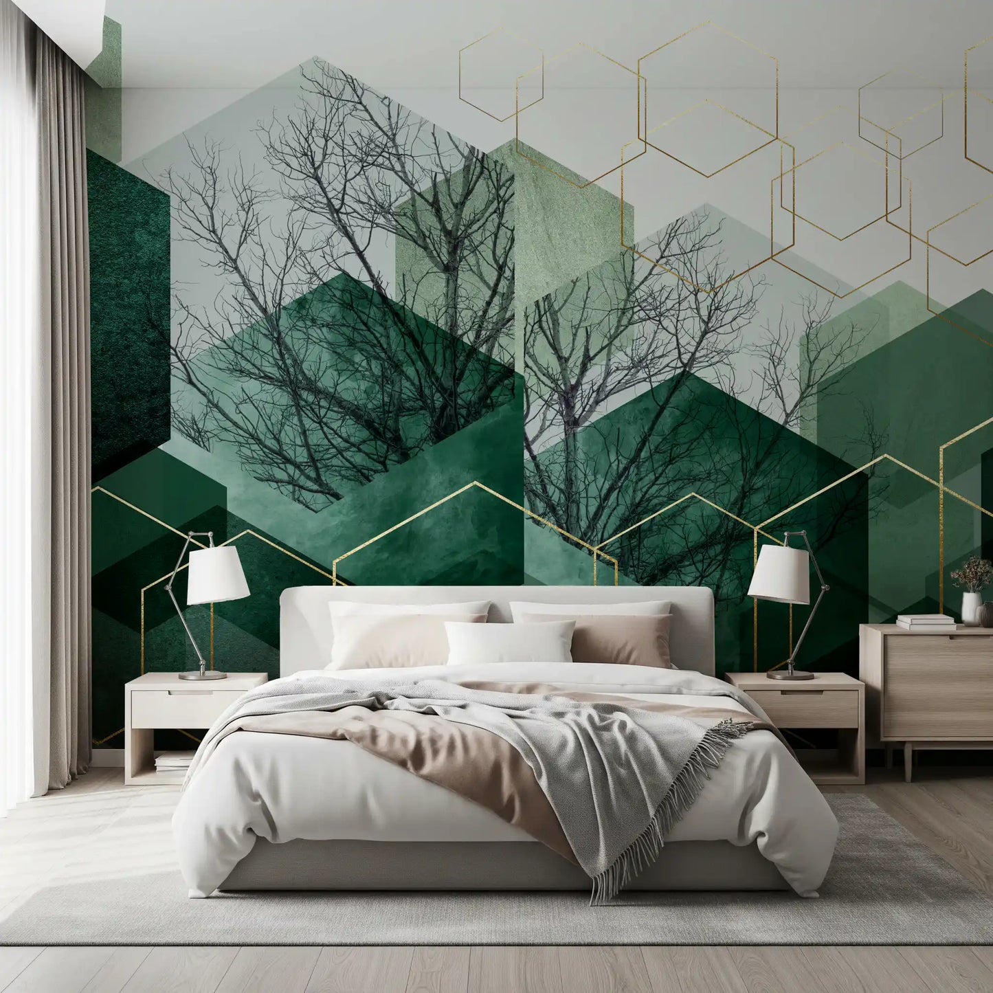 Bedroom dressed with the Verdant Hexascape wall mural and warm pendant lighting