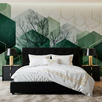 Verdant Hexascape wall mural styled  in a moody bedroom setting