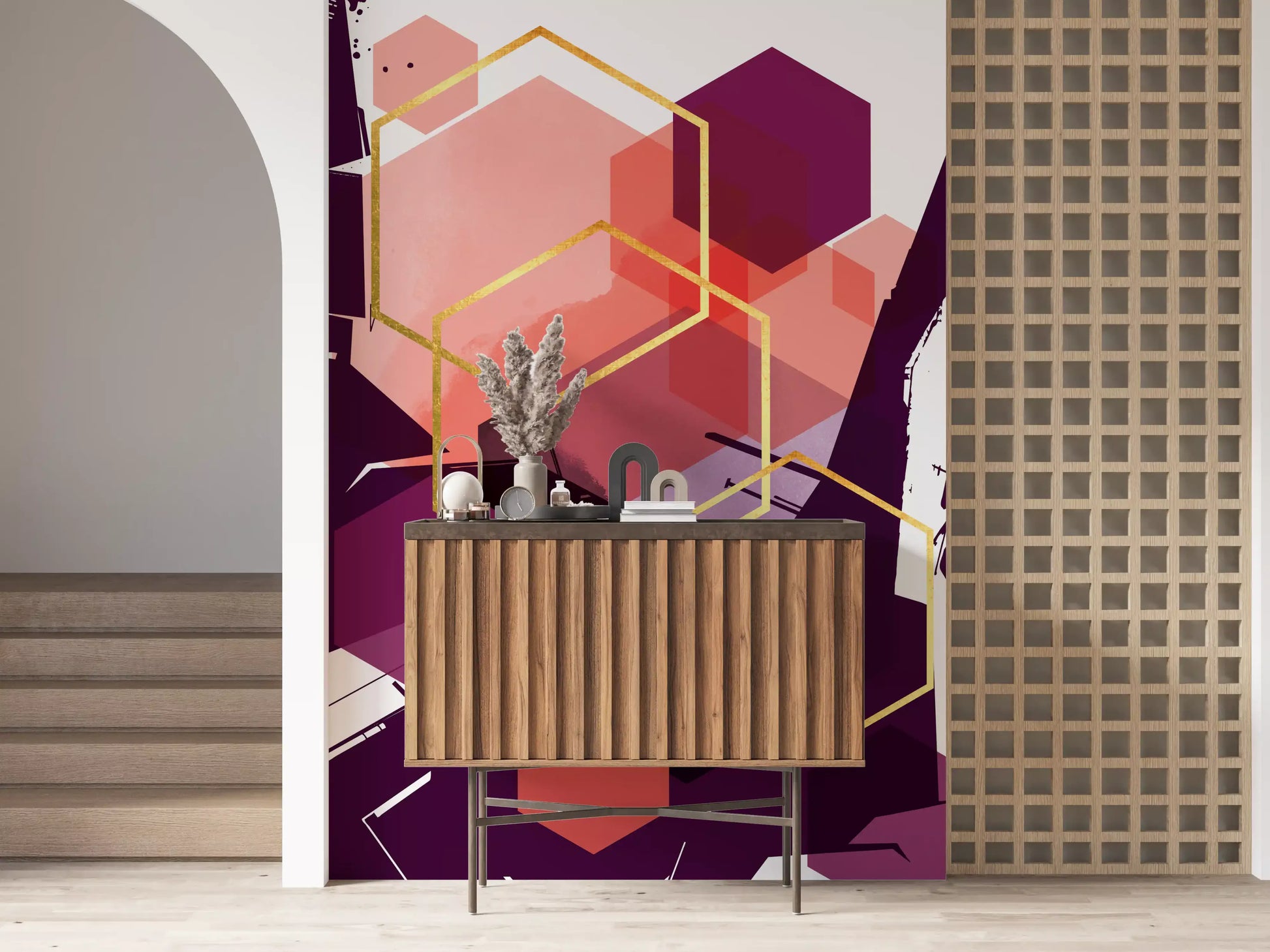 Close geometric layering with gilded outlines on the Geometric Flow wall mural