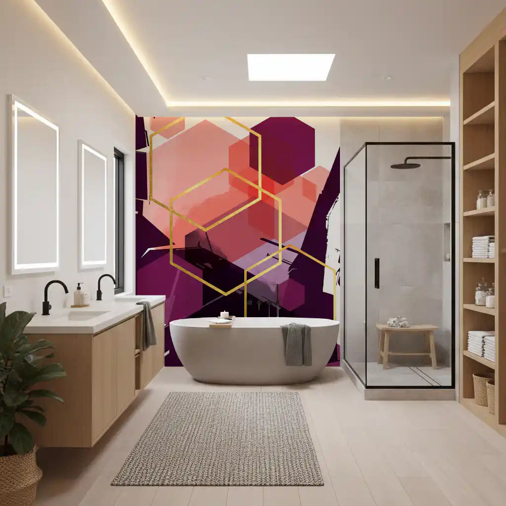 bathroom wearing coral and aubergine shapes from the Geometric Flow wall mural