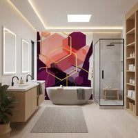 bathroom wearing coral and aubergine shapes from the Geometric Flow wall mural