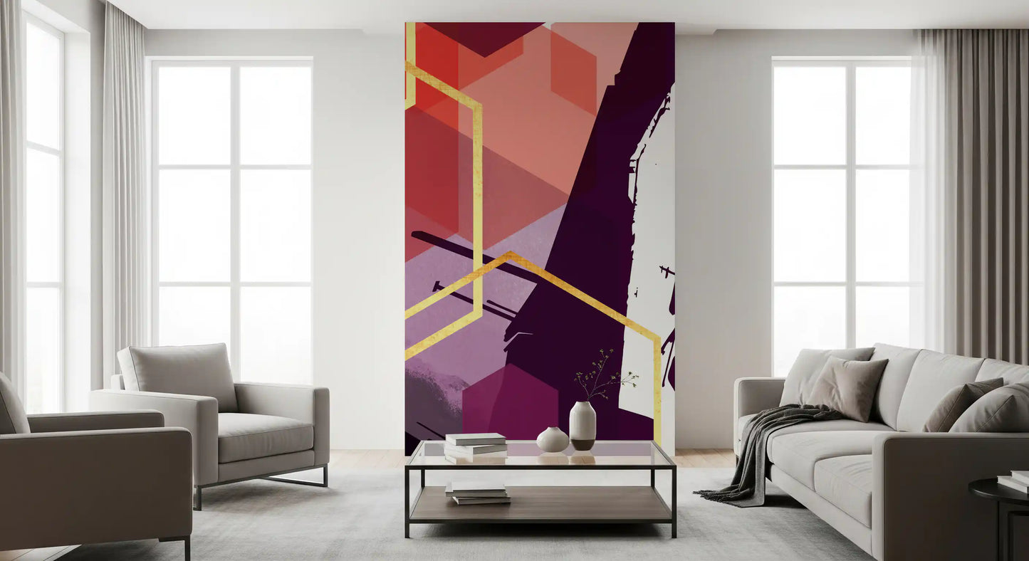 Living room  finished with the Bold Geometric Flow wall mural and warm hex tones