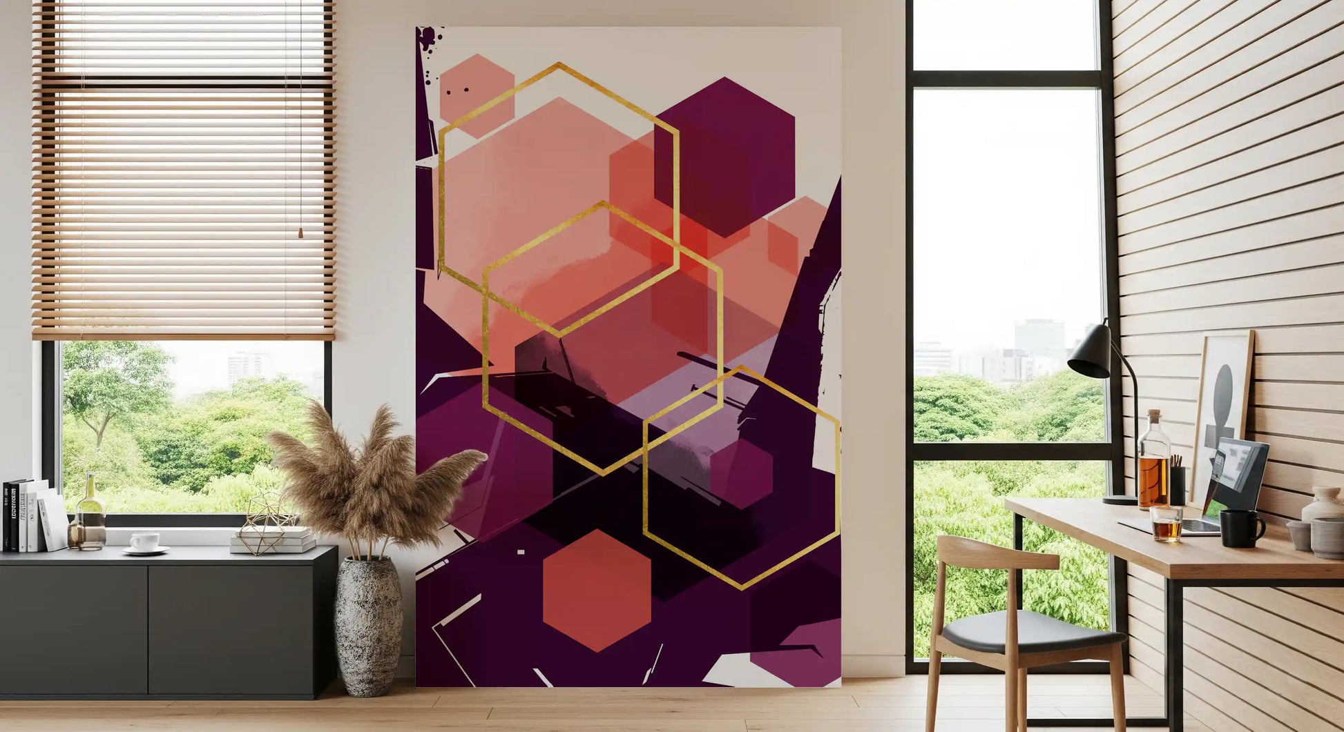 Warm coral blocks meet deep aubergine in the Bold Geometric Flow wall mural