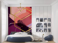 Bedroom featuring plum and coral hexagons on the Bold Geometric Flow wall mural