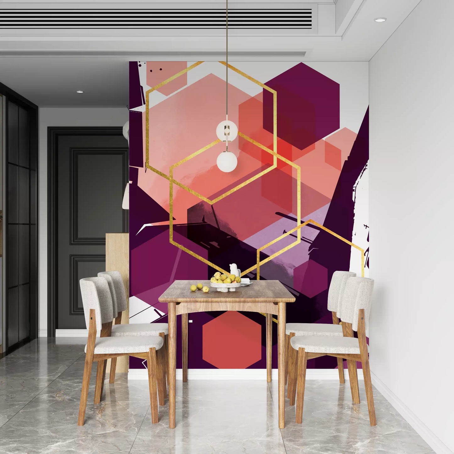 Dining room with gold linework across the Geometric Flow wall mural