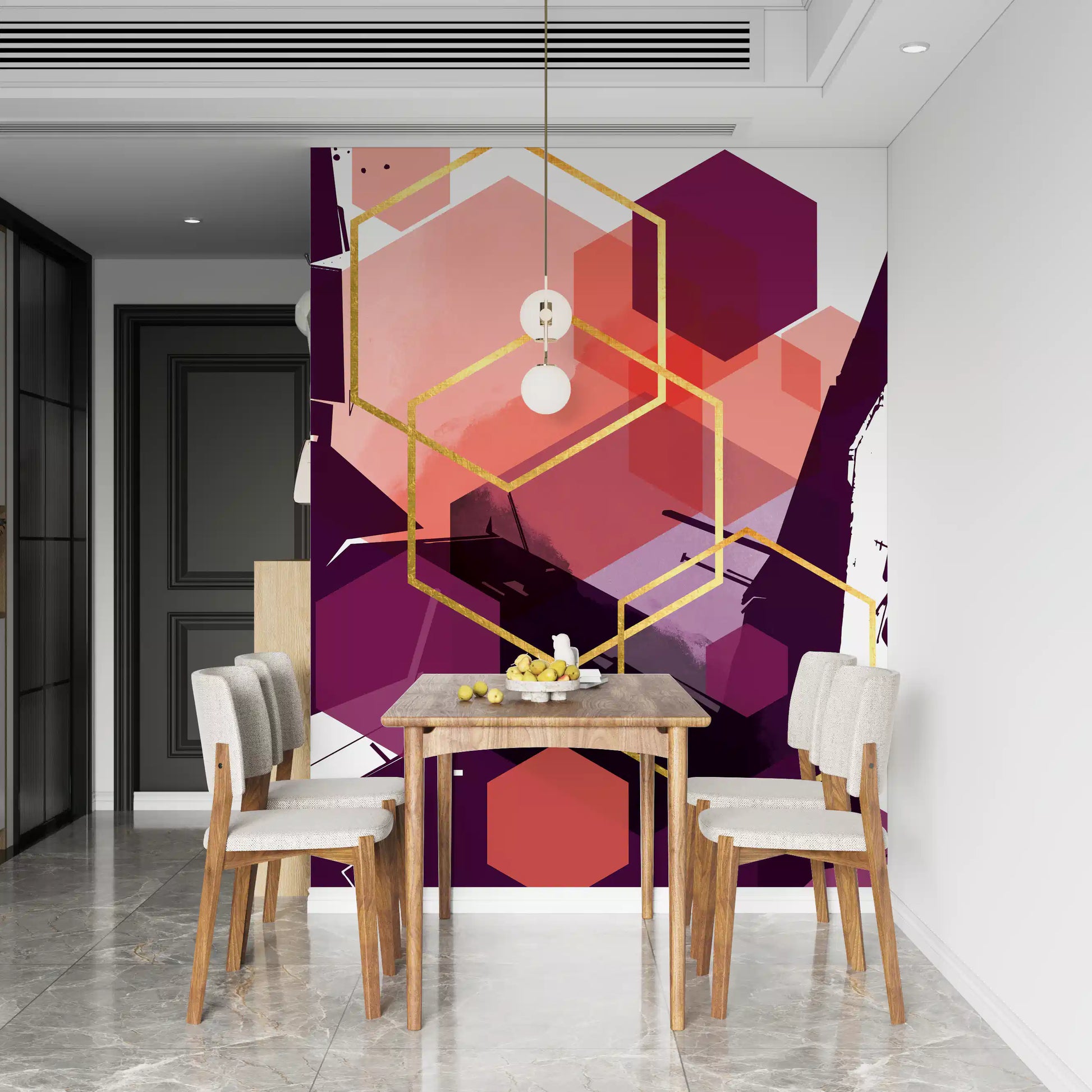 Dining room with gold linework across the Geometric Flow wall mural
