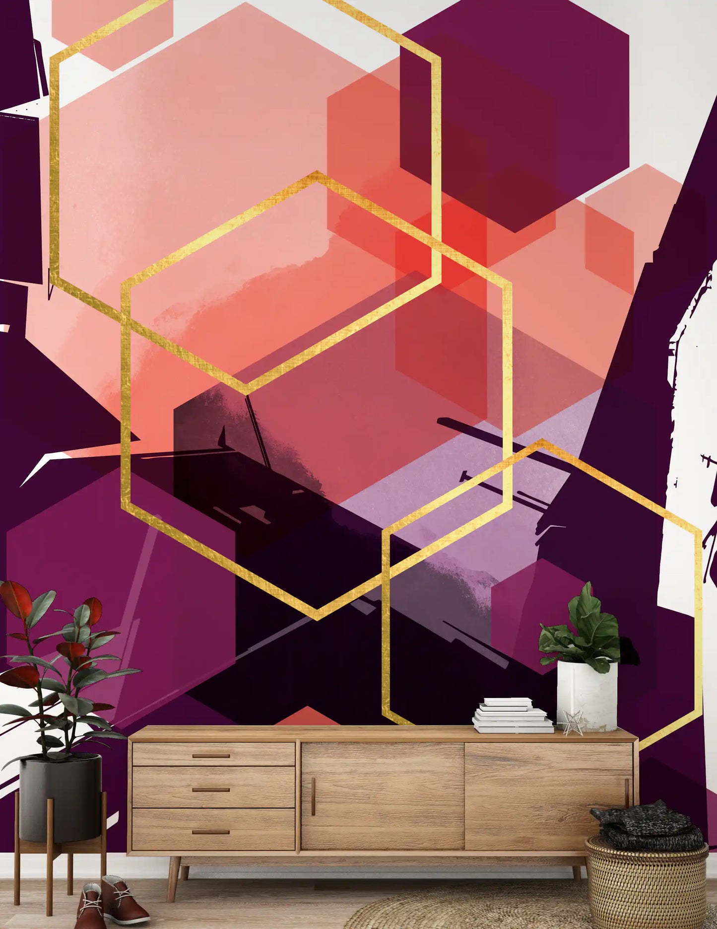 Gold linework traces sharp shapes on the Geometric Flow wall mural