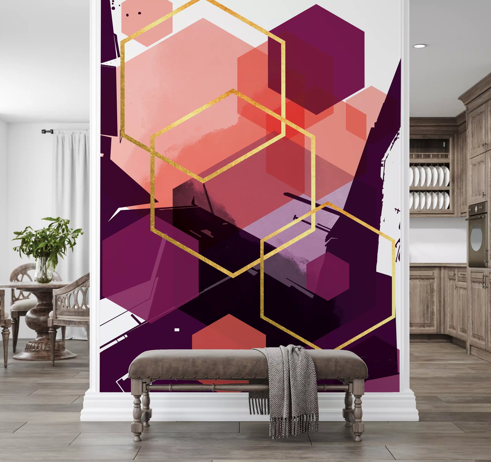 Overlapping hexagons in coral and plum across the Bold Flow wall mural