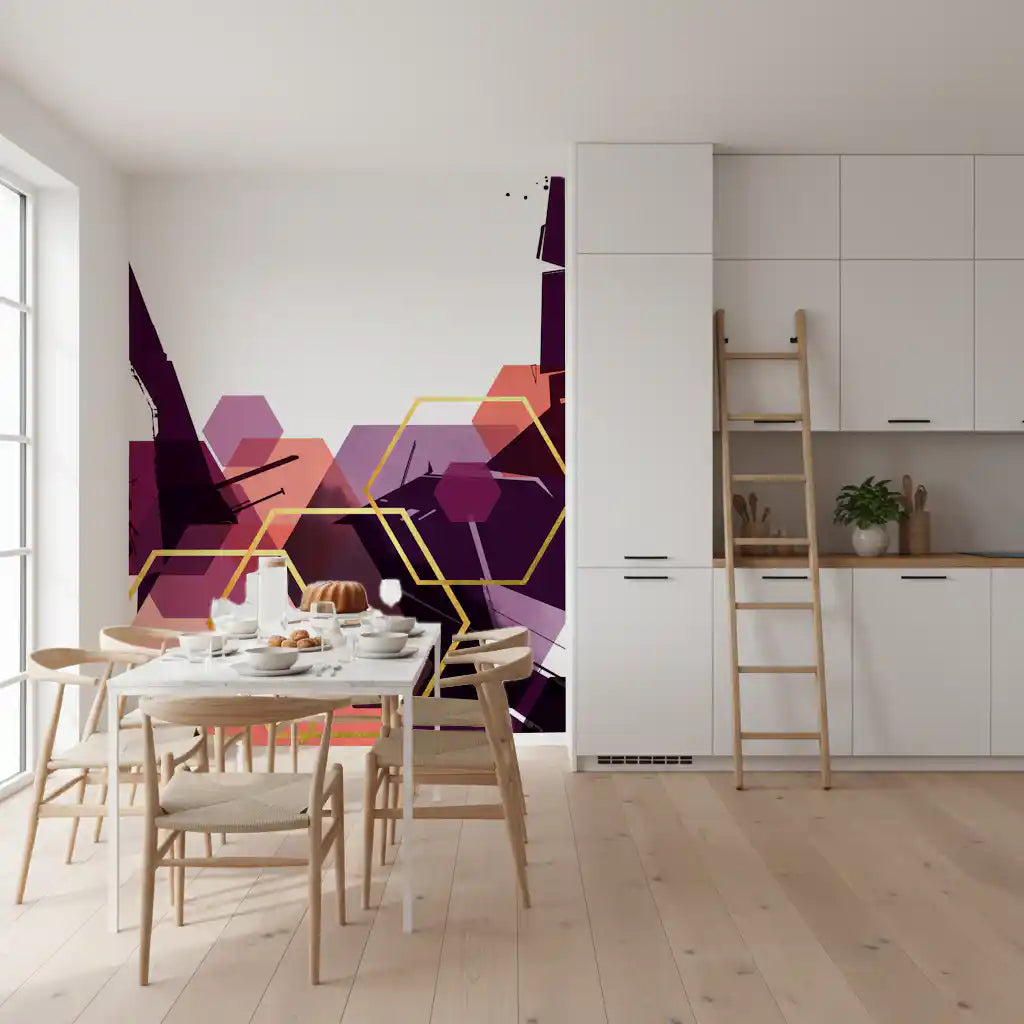 Overlapping hexagons mix purple, coral and gold across the Bold Flow wall mural.