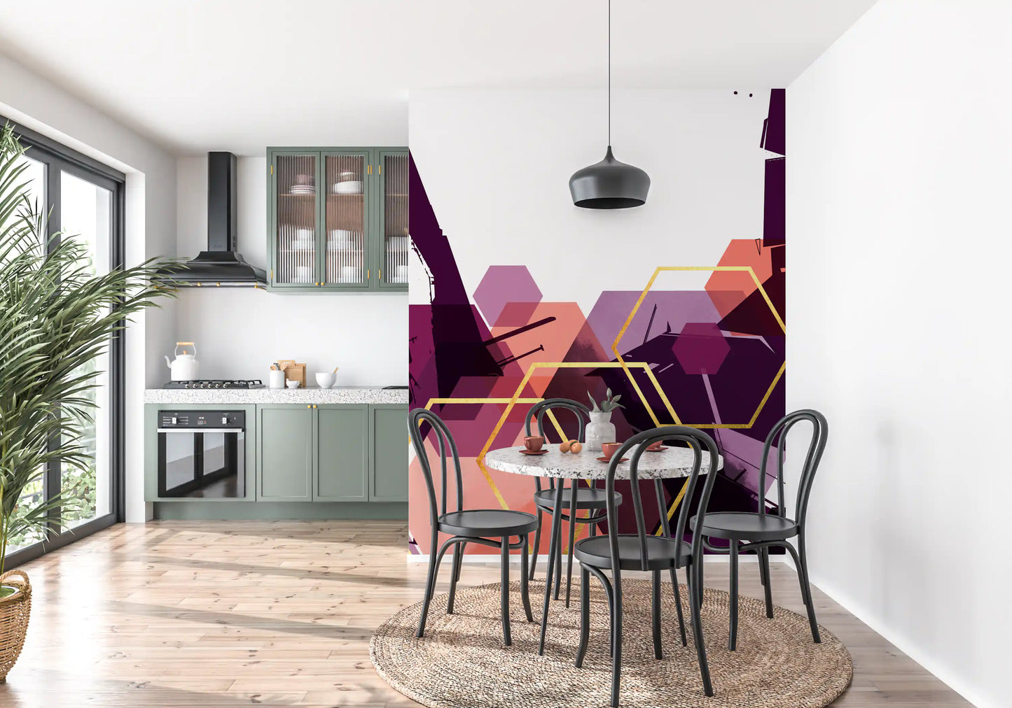 Coral and plum tones fill a Dining room behind the Bold Geometric Flow wall mural