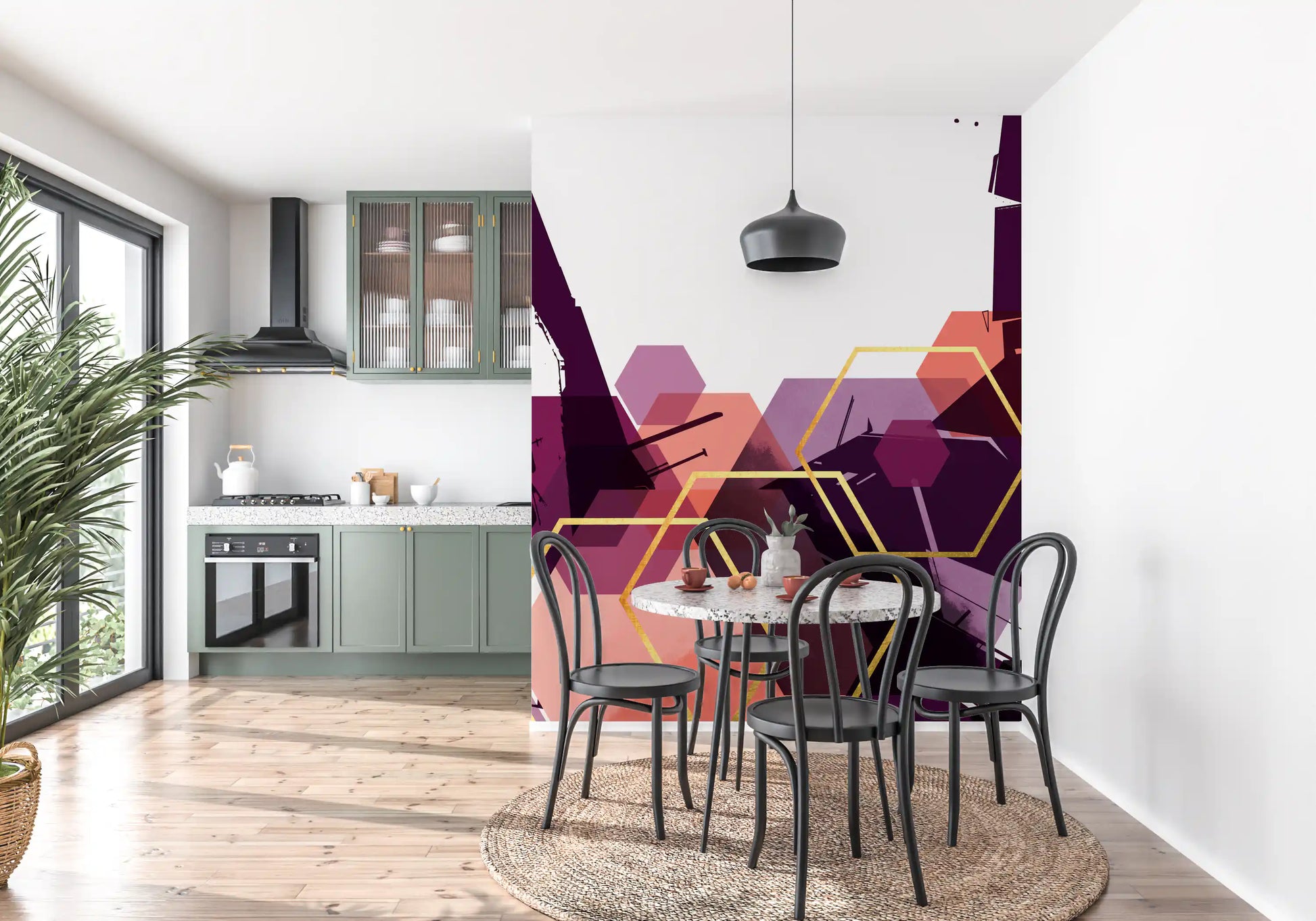 Coral and plum tones fill a Dining room behind the Bold Geometric Flow wall mural