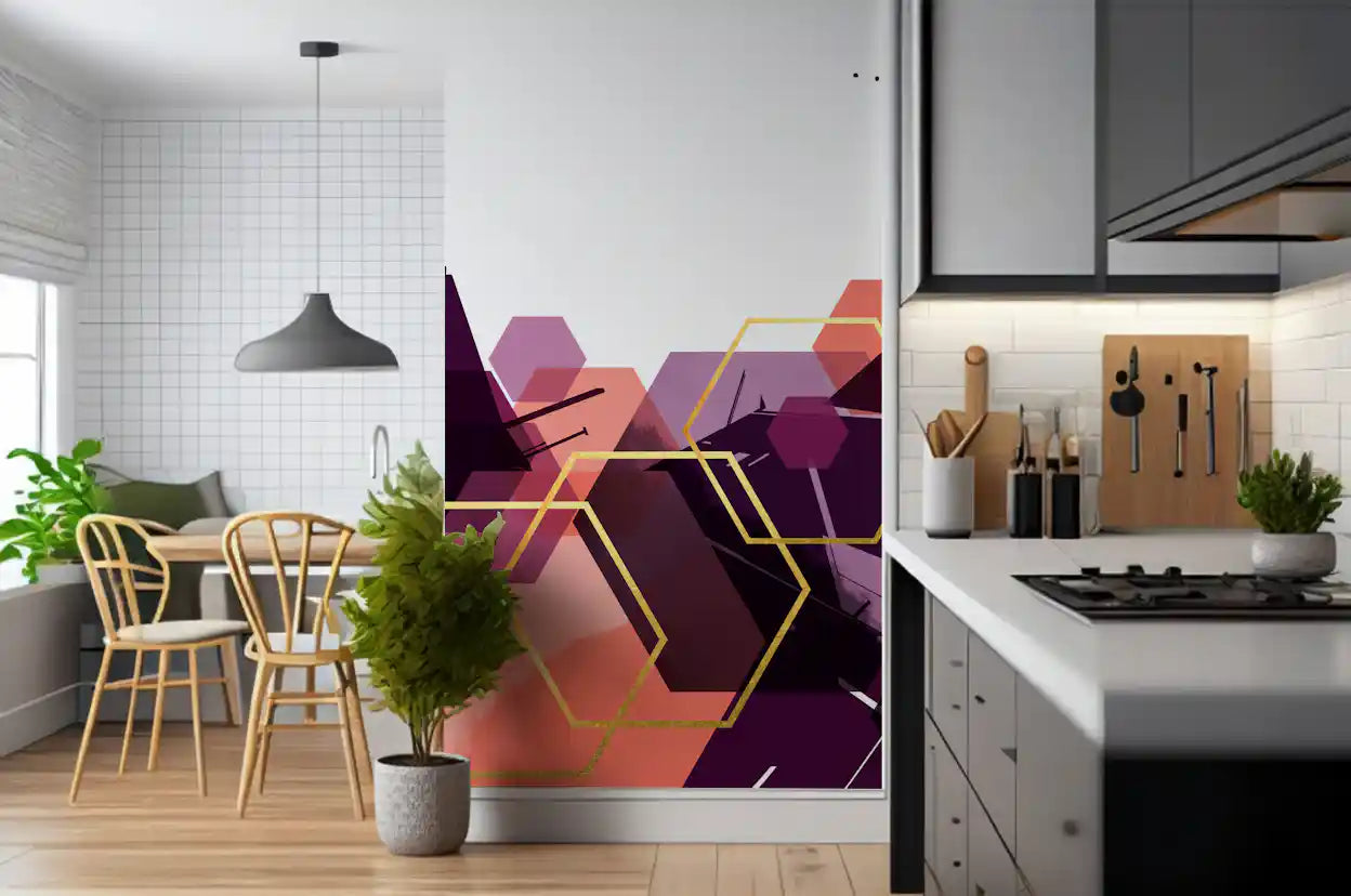 Wide hexagon layout stretches through a Kitchen and dining with the Bold Geometric Flow wall mural.