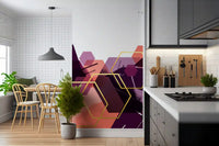 Wide hexagon layout stretches through a Kitchen and dining with the Bold Geometric Flow wall mural.