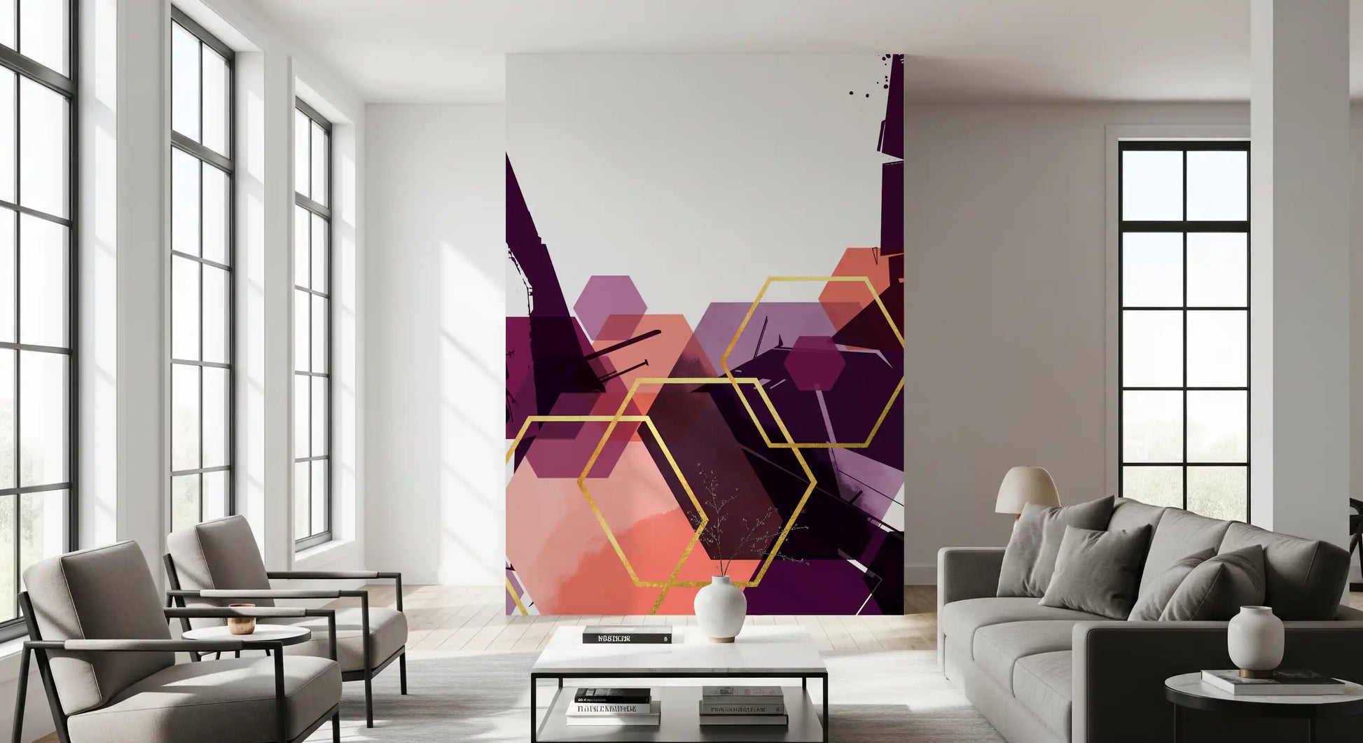 Playful purple tones lift a Livng room space featuring the wall mural.