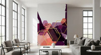 Playful purple tones lift a Livng room space featuring the wall mural.