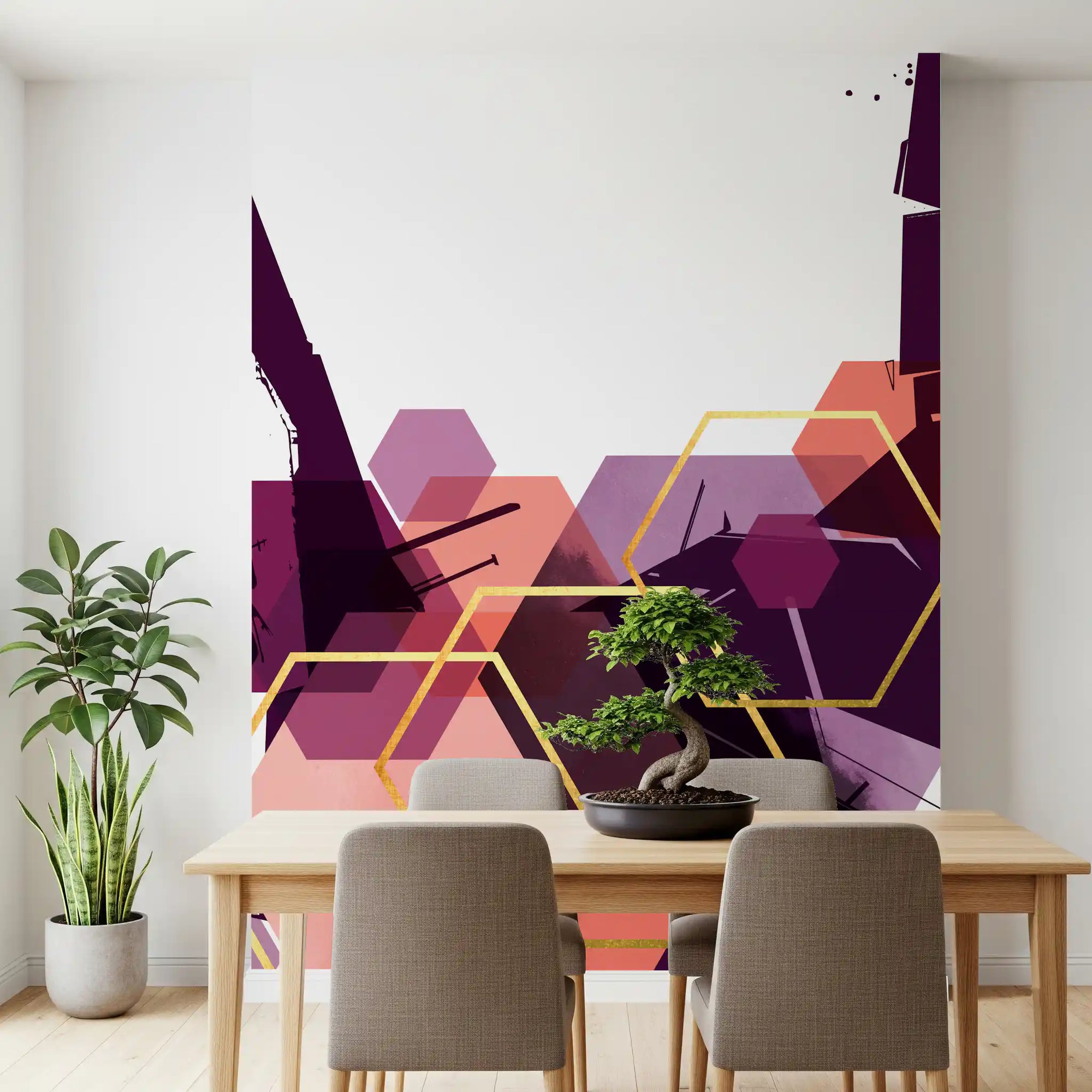 Hexagonal shapes glow across a dining room with the Bold Geometric Flow wall mural.