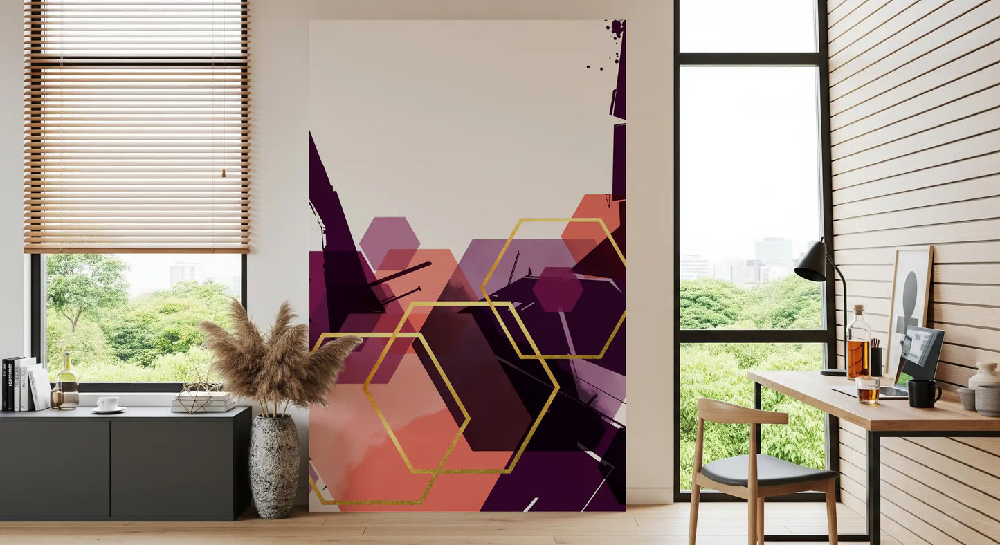 A Home office area opens up with the Bold Geometric Flow wall mura