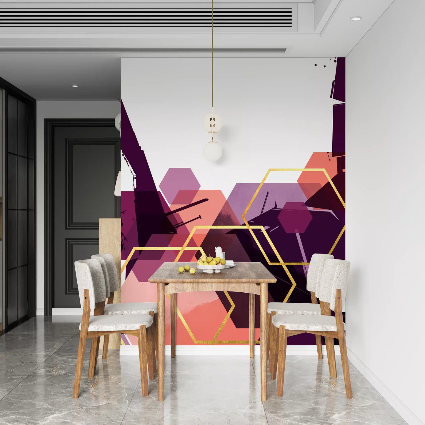 Purple splashes sit behind layered shapes on the wall mural for added depth.
