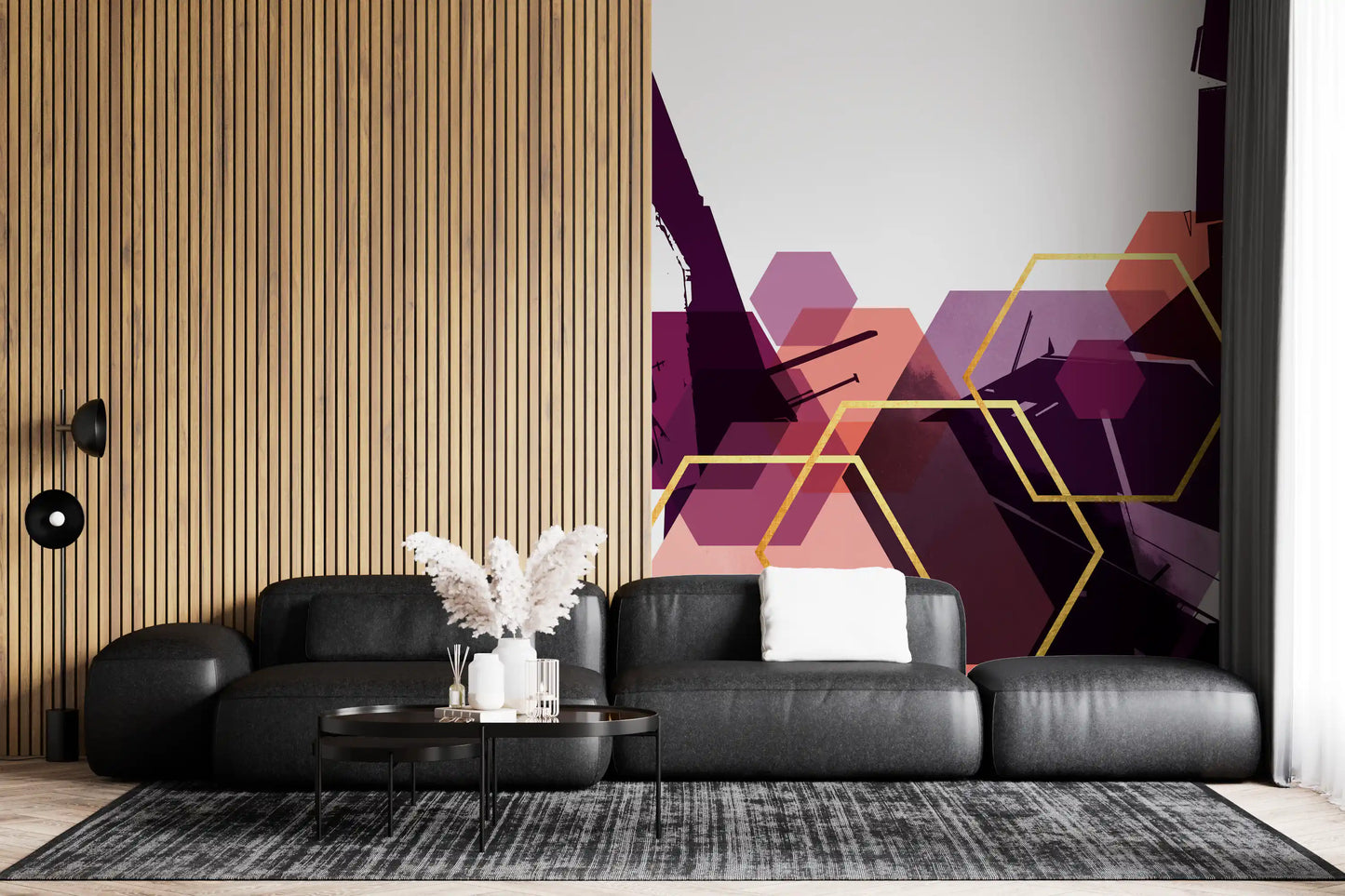 Gold-edged hexagons frame a Living corner with the wall mural in view.