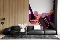 Gold-edged hexagons frame a Living corner with the wall mural in view.