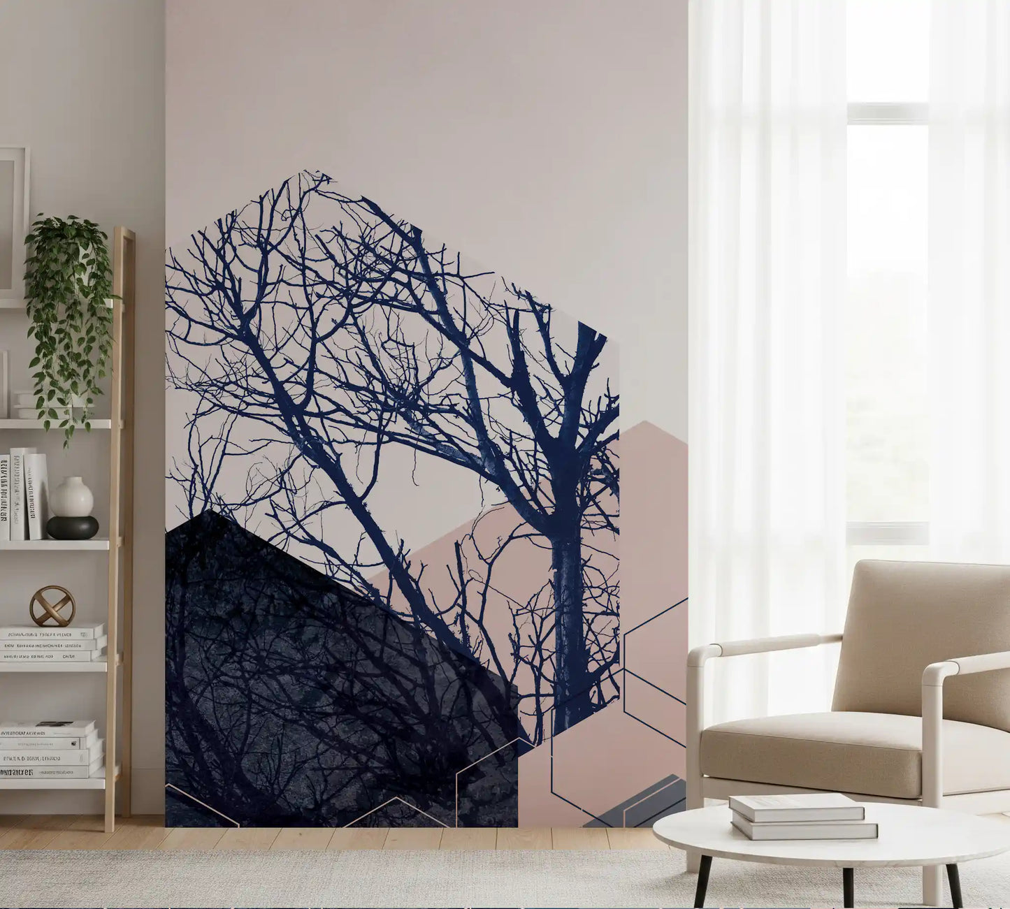 A living room becomes more thoughtful when paired with this hexagon tree wall mural.
