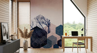 Quiet moody atmosphere fills the Home office with the Geometric Grove wall mural.