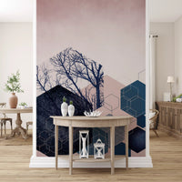 Geometric Grove wall mural shows hexagons in teal, blush, grey and navy below the trees.