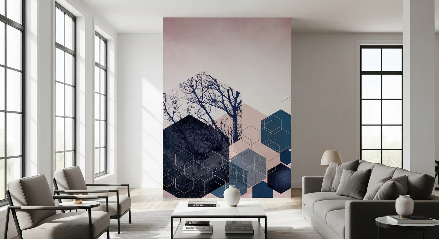 Dusky pink and deeper rose meet navy tree shapes in the Geometric Grove wall mural.