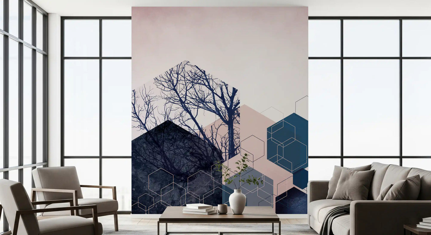 Geometric Grove wall mural turns an entryway into a layered feature moment.