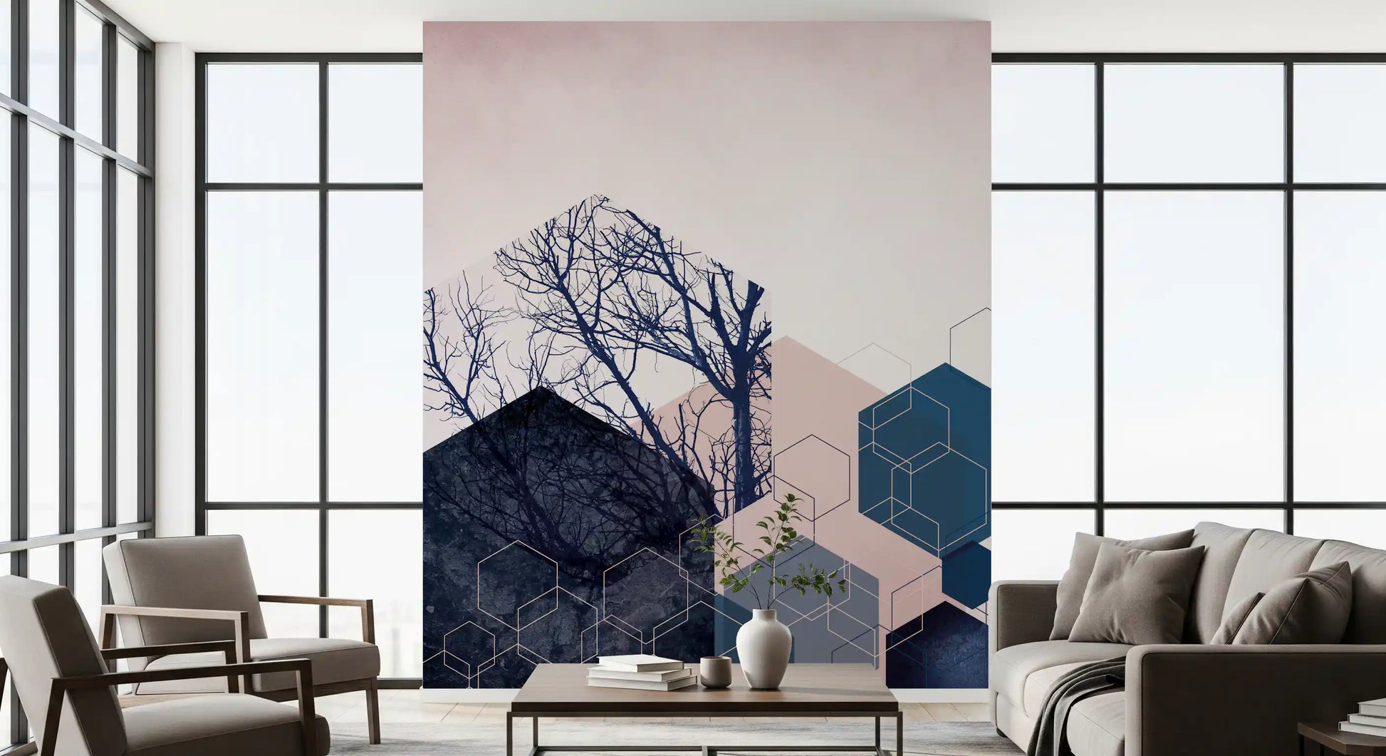 Geometric Grove wall mural turns an entryway into a layered feature moment.