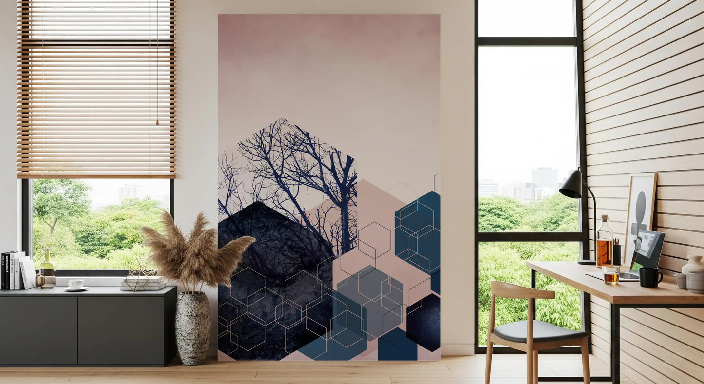 Working from home feels easier facing the navy and blush wall mural's quiet palette.