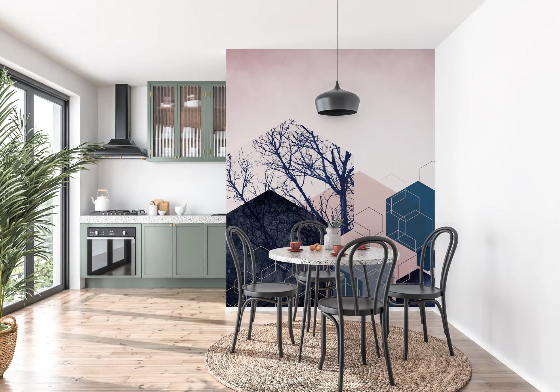 Outline hexagons sit beside filled shapes within the lower half of the wall mural.