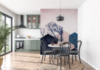 Outline hexagons sit beside filled shapes within the lower half of the wall mural.