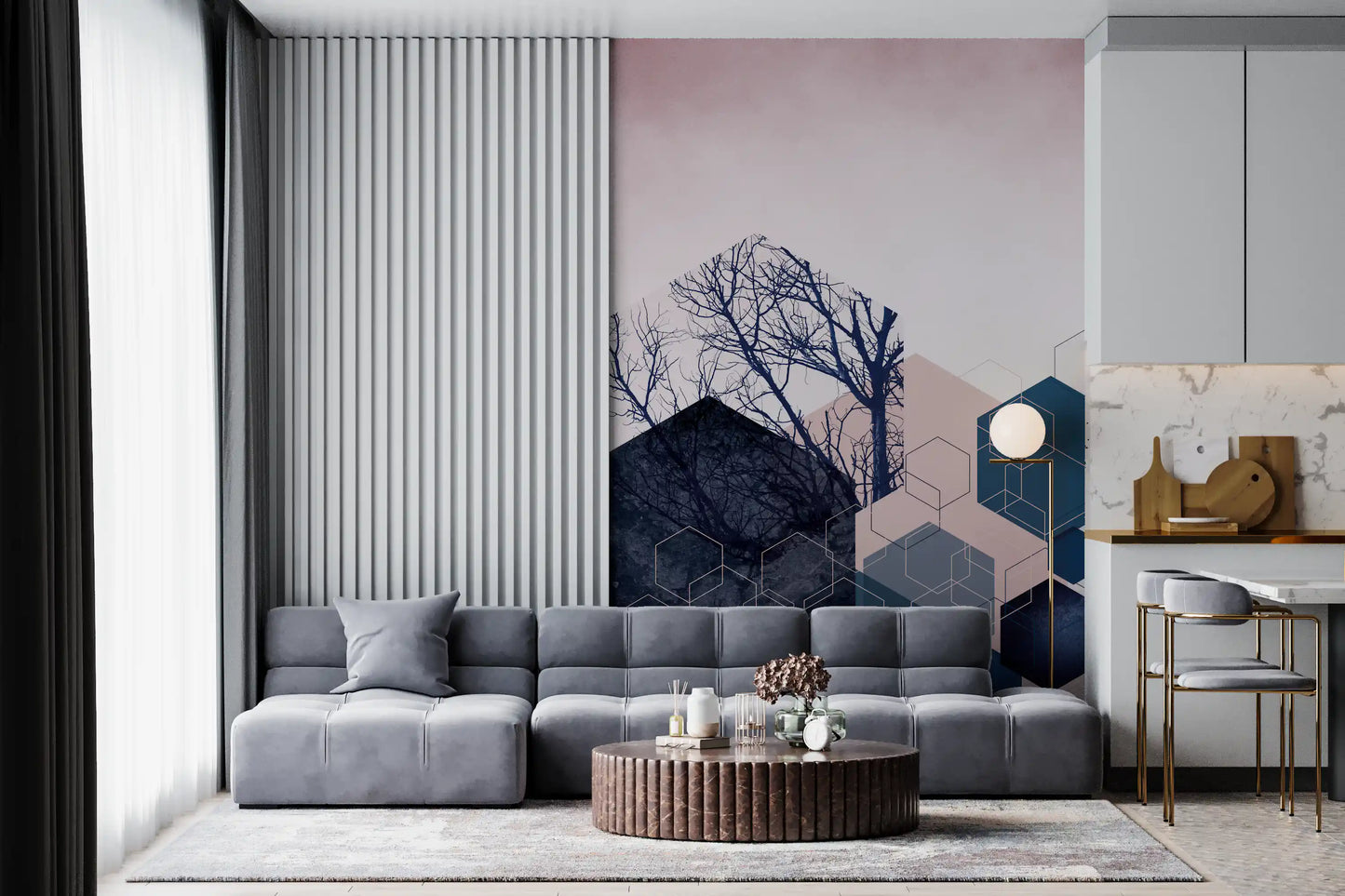 Blush and navy palette of the Geometric Grove wall mural gives a lounge gentle depth.