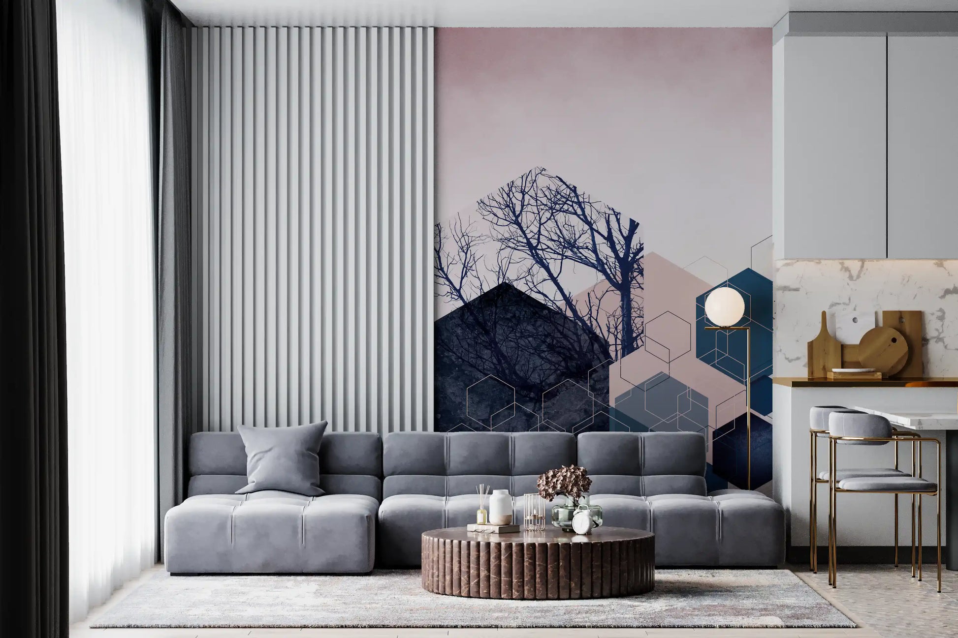 Blush and navy palette of the Geometric Grove wall mural gives a lounge gentle depth.