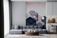 Blush and navy palette of the Geometric Grove wall mural gives a lounge gentle depth.