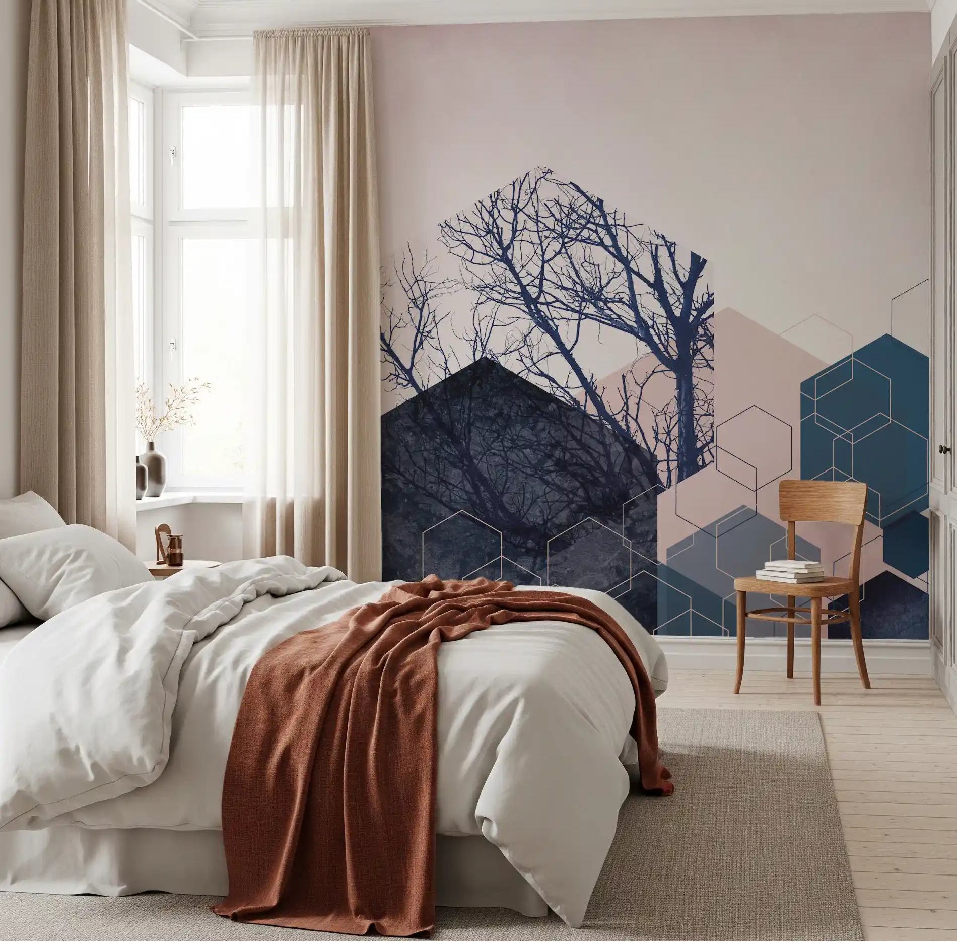 Bedroom takes on a calm mood with the Geometric Grove wall mural in navy and blush.