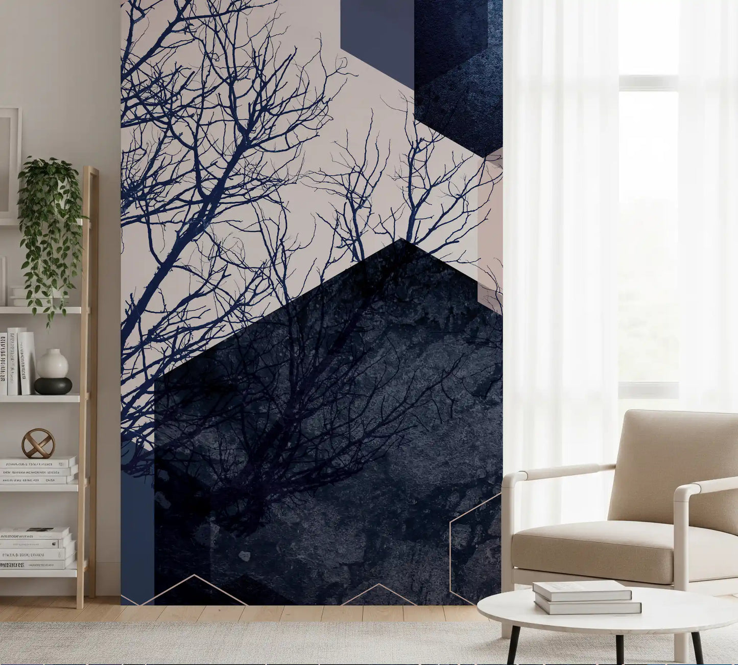 Layered honeycomb forms in navy, blush and steel blue across the wall mural