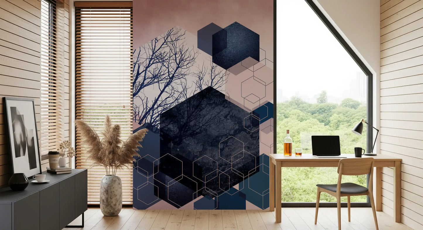 Home office console paired with the Geometric Grove blush wall mural
