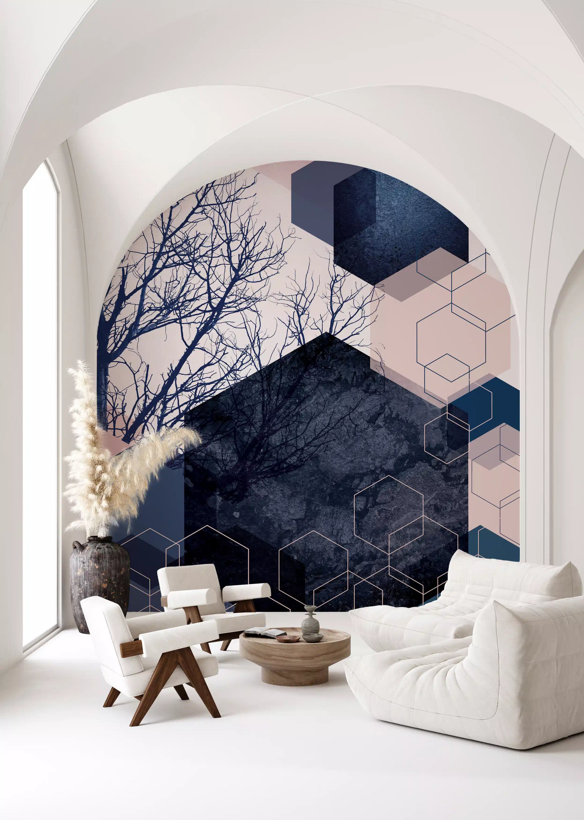 Geometric Grove wall mural with navy hexagons over a blush pink sky