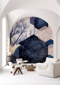 Geometric Grove wall mural with navy hexagons over a blush pink sky