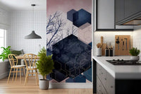 Bare winter branches rising through midnight hexagon shapes on the wall mural