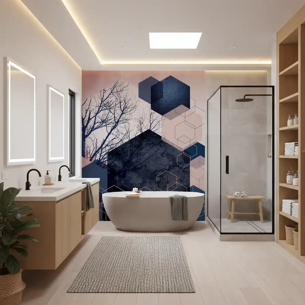 Modern bathroom styled around a blush and navy hexagon wall mural