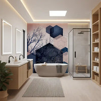 Modern bathroom styled around a blush and navy hexagon wall mural