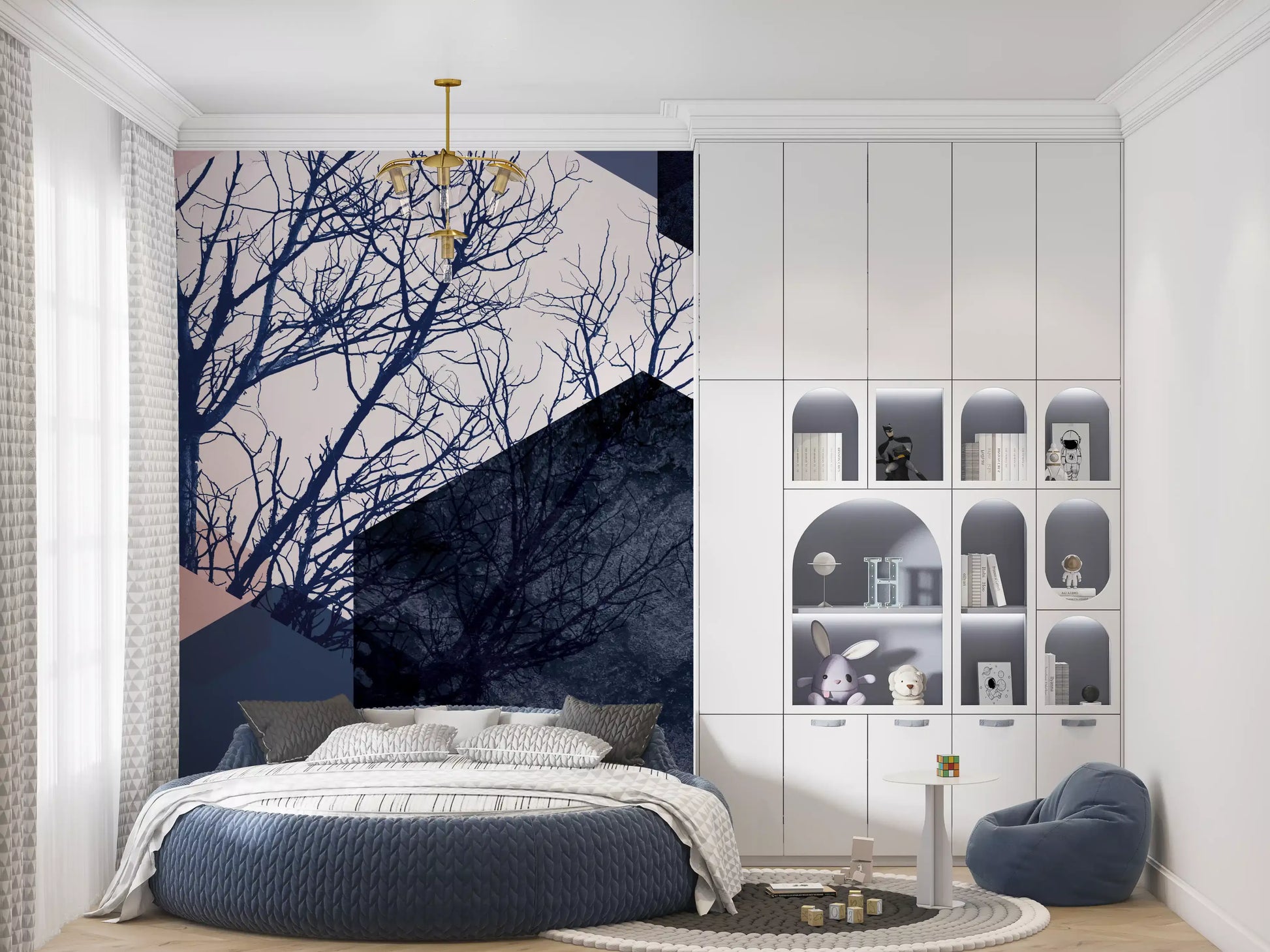 Outlined hexagons drift beside solid navy blocks on the Geometric Grove wall mural