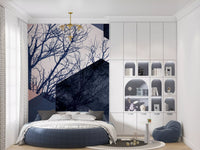Outlined hexagons drift beside solid navy blocks on the Geometric Grove wall mural