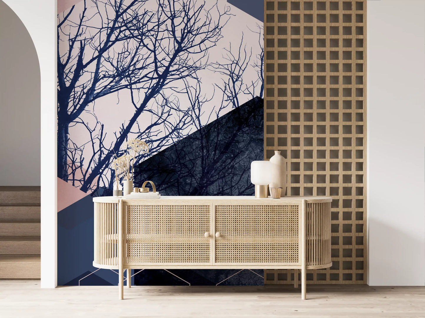 hallway backdrops brightened by a navy and blush hexagon wall mural